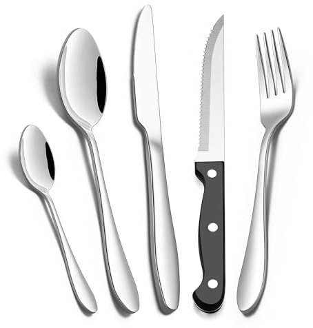 Joyfair 30 Pcs Cutlery Set with Steak Knives, Stainless Steel Flatware Silverware Set for 6 People, Eating Tableware with Fork Knife Spoon for Home/Camping/Party, Mirror Finished & Dishwasher Safe