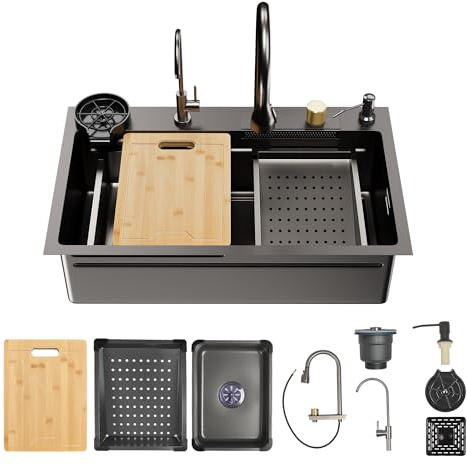DeerValley Waschbecken Küche Schwarzgrau Edelstahl Küchenspüle mit Ausziehbarem Wasserhahn und Raindance Wasserfall-Spülbecken, Großes Spülbecken (74.9 cm L x 45.7 cm) mit Becherreinigungsfunktion