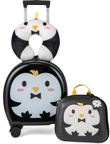 RELAX4LIFE Juego de Maleta Infantil para Niños de 4 Piezas, Maleta de 35,5 cm y Mochila de 25 cm con Cojín para El Cuello y Etiqueta de Nombre, Maleta Niños con Ruedas (Negro)