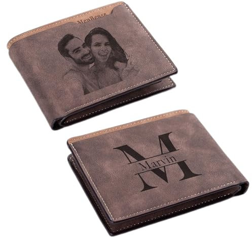 Easycosy Geldbörse Herren mit Foto & Namen - Leder Geldbeute Portmonee mit Gravur Großbuchstabe - Personalisierte Vatertagsgeschenk für Papa, Opa, Männer zum Männertag, Herrentag