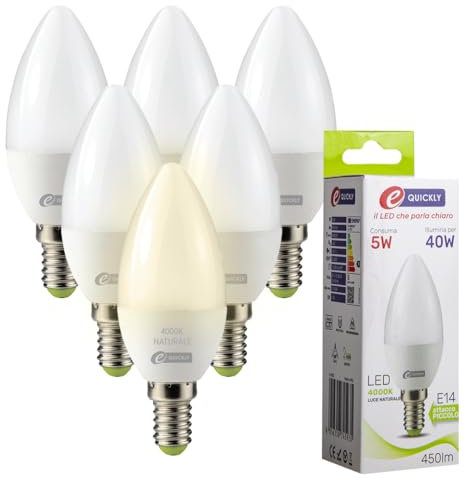 E-QUICKLY lampadine led e14-5w equivalenti a 40w, led luce naturale 4000k, lampadine candela, e14 lampadina attacco piccolo. 450 lumen a basso consumo, lampadina led e14 a risparmio energetico, 6PZ