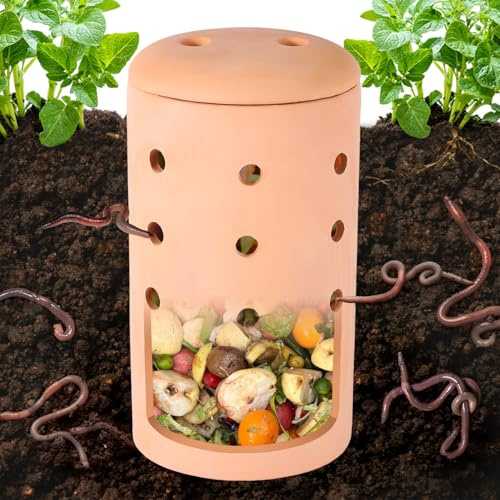 Underground Compost Bin 11Inch Garden Worm Farm Outdoor for Organic Refuse Red Pottery Ceramics Compost Bin with Holes and Lid Clay for Garden Vegetable Patch Backyard