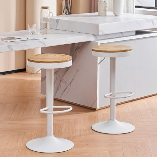 Kidol & Shellder Barhocker 2er Set Höhenverstellbar 360° Drehbar Runde Holzplatte auf Stabilem Metallgestell für Küche Bar Wohnzimmer Weiß
