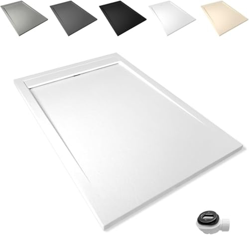 Plato de Ducha Antideslizante 80x180cm - Plato Ducha Resina Resistente a Agentes Químicos - Plato Ducha Antibacteriano - Incluye Rejilla Desagüe Ducha y Válvula Sifón - Color Blanco