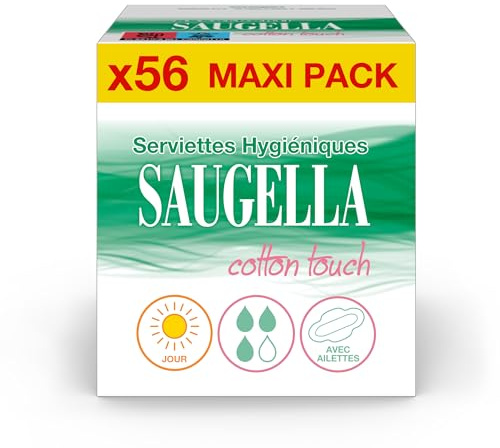 Saugella - Cotton Touch Day - Asciugamani Igienici - Molto assorbenti - Extra sottili - Ipoallergenici con ali - Antiodore - 56 tovaglioli - Set di 4 x 14