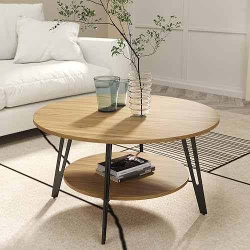 Manora Couchtisch Rund Holz mit doppeltem Stauraum,Runder Wohnzimmertisch Holz Beistelltisch Couch mit Metallfuß, Moderner Design Sofatisch für Wohnzimmer(Eiche, C25298)