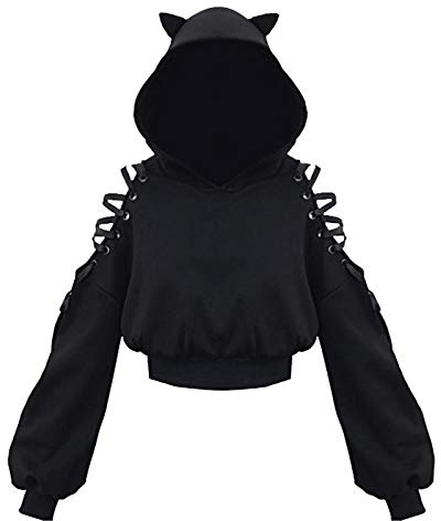 Cute Cat Ear Cropped Hoodie for Women UK Y2K Strappy Cutout Cold Shoulder Hooded Sweatshirts Casual Loose-Fit Baggy Pullover Shirts Lace-up Long Sleeve Microfleece Tops Gothic Hoody Black