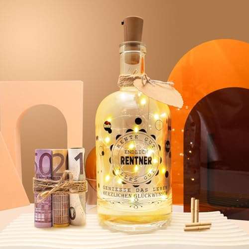 JUNUNDJING Luz LED para botella de jubilación, regalo para mujeres y hombres, regalo de jubilación, regalo de pensión, regalo de dinero, para compañeros de trabajo, educadores, profesores, regalo de