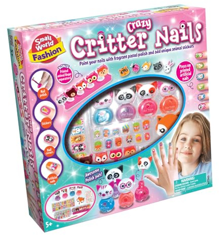 Small World Fashion Crazy Glitter Nails Kit, 4 Cute Nail Polish Bottles, Animal Stickers, Press-on Nails, Ages 5+
