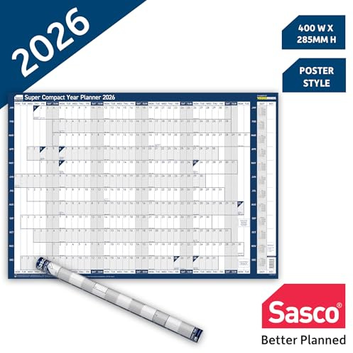 Sasco 2026 Super Compact Wall Planner – Poster Style Year Calendar with Wet Wipe Pen & Stickers, 40x28.5cm, Blue – UK & ROI Holidays Marked – Compact Size for Home, Study or Personal Use