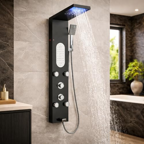 TVTIUO Panel de ducha de acero inoxidable, Columna de Ducha Panel de Ducha de Hidromasaje，Sistema de Ducha Multifuncional de Baño con LED,Negro