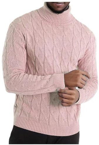Maglione a collo alto, da uomo, motivo a treccia, maglione invernale lavorato a maglia, vestibilità stretta, tinta unita, caldo, maglione basic per autunno e inverno, rosa chiaro, M