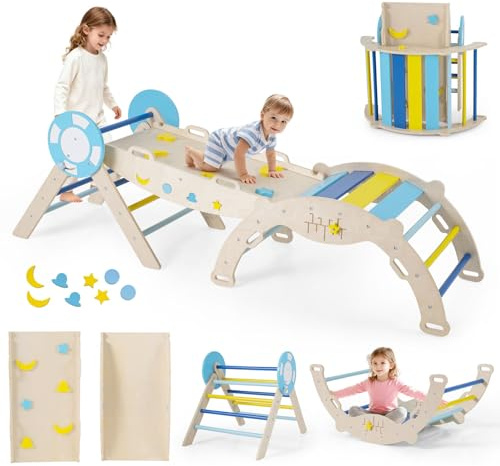 GOPLUS 7 en 1 Triangle Escalade Montesorri pour Enfants 1 Ans+, Parcours Montesorri Bebe Bois Pliable avec Arche, Rampe, Corde&Échelle, Pont, Aire de Jeux Intérieur (Capitaine|7 en 1,Pastel)