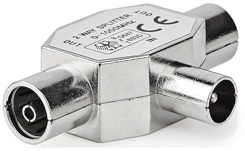 CABLEPELADO Distribuidor de TV | Divisor Coaxial en T | DVB-T2 | Divisor Antena TV | Metal | 2 salidas hembras - 1 Entrada macho