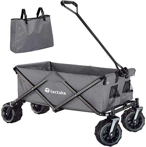 TecTake® Carrito Plegable, Carro Transporte Playa y Jardín, Estructura de Acero, Ruedas Anchas 360° Giratorias, Carretilla de Mano, Plataforma con Ruedas, Carro Jardín Robusto con Bolsillos - Gris