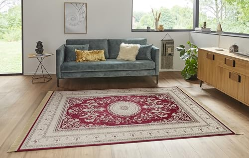 Nouristan Naveh Orient Teppich – Wohnzimmerteppich Orientalisch Kurzflor mit Fransen Vintage Orientalischer Samt-Teppich für Esszimmer, Wohnzimmer, Schlafzimmer – Rot, 160x230cm