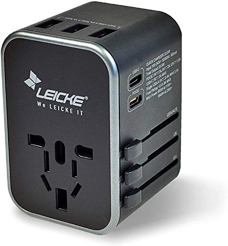LEICKE Adattatore universale da viaggio,con fusibile di riserva,adattatore da viaggio per 3 connessioni USB A e 2 di tipo C e 1PD/QC e 1 Presa CA per oltre 224 paesi con spine USA/EU/UK/AUS