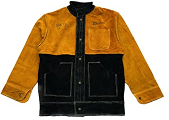 ELCAN Professional Schweißjacke aus flammhemmendem, hitzebeständigem Leder in Gelb und Schwarz, Arbeitskleidung für Elektrodenschweißen, TIG, MIG, MAG, Grillen, Kamine, Öfen… (Größe XL)