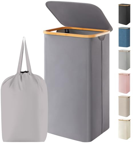 Lifewit 105L Laundry Basket with Lid, Foldable, Bamboo Handles, Grey | Dirty Clothes Bin with Removable Bag, Large Washing Basket for Bedroom, Bathroom, Dorm and Laundry Room