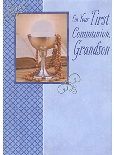 Designer Greetings Brown Rosary Draped Over Chalice Holding Host 1st / First Communion Congratulations Card for Grandson