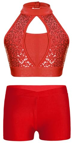 ranrann Enfant Fille Ensemble Gymnastique Brillant Paillette Costume Danse Moderne Jazz Haut et Short Tenue Hip Hop Justaucorps Ballet Spectacle 5-16 Ans Rouge 9-10 ans