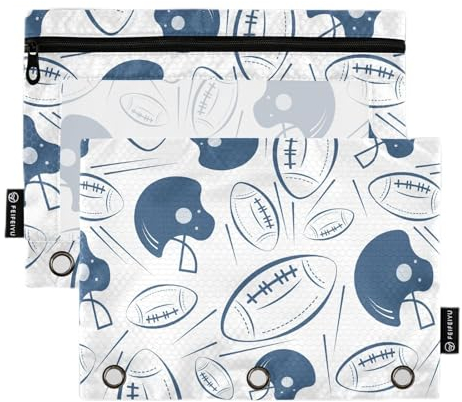 Wudan American Football Helm Navy Blau 3 Ringe Binder Bleistift Beutel Set von 2 Reißverschluss Klar Federmäppchen Bleistift Fall Mit Löchern Bürobedarf Zubehör