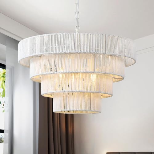Schindora Rattan Lampe Boho,50Cm Pendelleuchte 6-Leichter Lampenschirm HäNgelampe Handgewebt 4 Runde ÜBergangs-Rustikal GroßEr HäNgelampe Deckenlampe FüR Esstisch Wohnzimmer KüChe Schlafzimmer,Weiß
