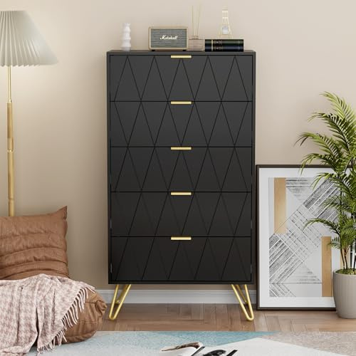 UEV Kommode mit 5 Schublanden, 60 x 34 x 110cm, Aufbewahrungskommode, Modern Schrank, Highboard, Sideboard mit Schubladen, NachtschrankSchmal kommode, Schrank für Wohnzimmer Schlafzimmer,Flur(Schwarz)
