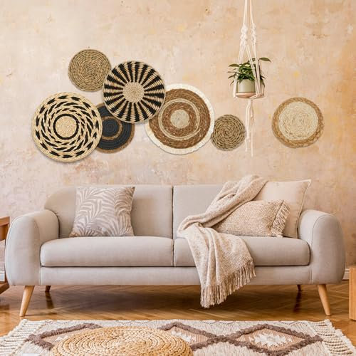 7 Pcs Boho Wall Basket Decor Hanging Handcrafted Seagrass Woven Basket Wall Decor Round Bohemian Basket Wall Art Set for Farmhouse Home Room Rustic Decorations Table, Multi Sizes
