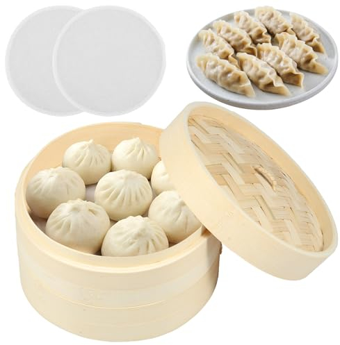 Bamboo Steamer Basket, 2 Tier Steaming Basket with Lid and Steaming Cloth, Practical Dumpling Steamer for Veggie, Fish, Seafood Home Cooking (20cm)