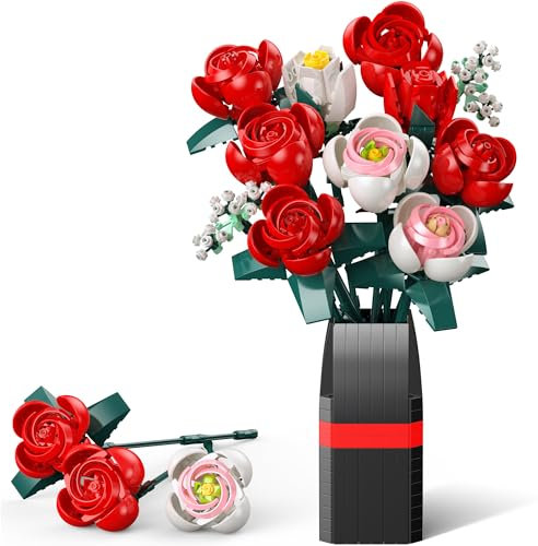 Kit de Construction de Bouquet de Roses, Construction de Plantes Artificielles avec Vase, Cadeaux d'anniversaire pour Enfants de 6+ Ans, Adultes, Femmes, Saint-Valentin, Fête des Mères - 841 PCS