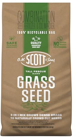 O.M. Scott and Sons Tall Fescue Blend Grass Seed, Fertilizer and Soil Improver, Naturally Crowds Out Weeds, Covers Up to 2,000 sq. ft., 8 lbs.