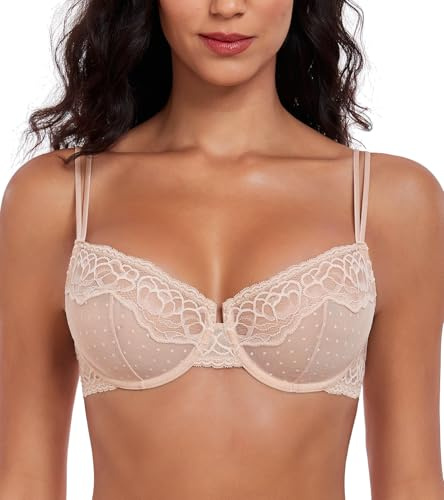 Lemorosy Sujetador Balconette Push up para Mujer Encaje Sexy Flores con Aros (Beige,105D)