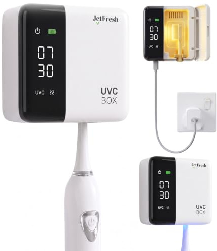 UV Toothbrush Sanitizer Holder & Cleaner with LED Clock Display & Hot Air Drying – Wall-Mounted UV Tooth Brush Holder for Bathroom Decor, Travel Use, Rechargeable Portable Design, Fits All Brushes