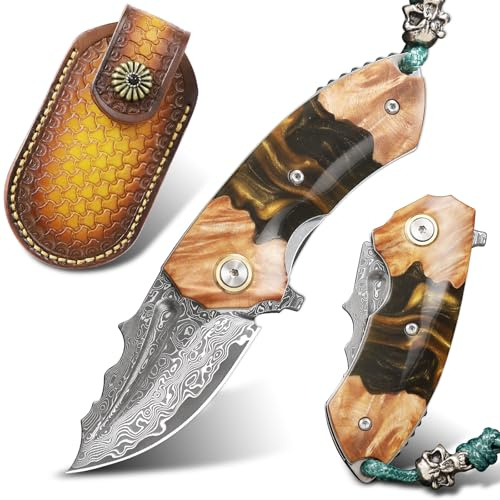 Handmade Japanese Damascus Steel Pocket Knife.Men's and Women's EDC Folding Knife，6cm Sharp blades，With leather sheath，Resin and maple handles，Suitable for hiking adventure, outdoor camping carry, mul