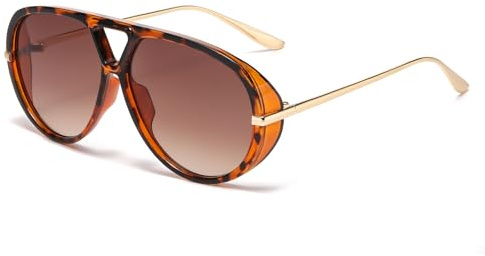 LJCZKA Gafas de Sol Piloto Grande para Mujer Hombre, Años 70 Retro Doble Puente Gafas de Sol Redondo Marco Metálico Protección UV400