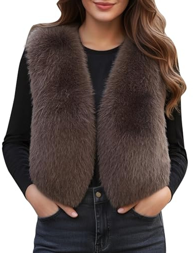 Gefomuofe Gilet en fourrure synthétique pour femme - Manteau court - Veste en fausse fourrure - Doux et confortable - Sans manches - Col en V - Gilet en peluche chaud - Vêtement d'extérieur, marron, L
