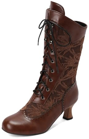 Generisch Comercio Exterior Europeo y Americano Otoño e Invierno Lolita Botas de mujer con arco de encaje punta de hoja tacón medio caña media botas de caña media, marrón, 39 EU