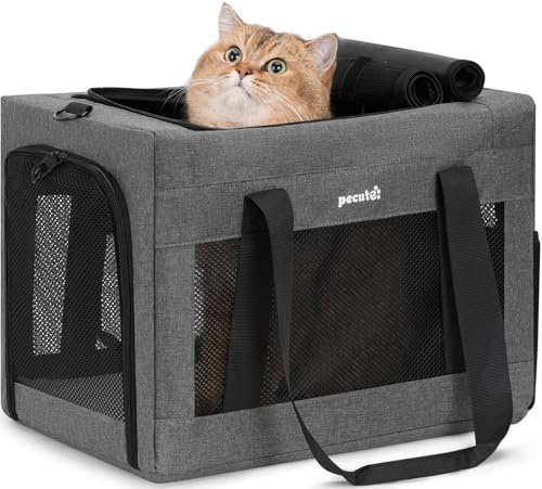 pecute Kattbärare, stabil, husdjursbärare med dold ångestlindrande skiljevägg och stabil stålram, säker kattbärare för bilresor, mjuk hund/kattväska för husdjur upp till 5 kg, grå