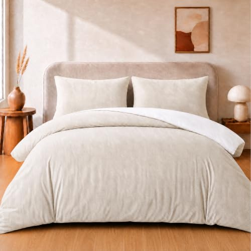 VelvetMis King Size Duvet Cover Set - 3Pcs Reversible Bedding Bed Set Cream And White Kingsize Microfiber Quilt Cover With 2 Pillowcases 50x75cm