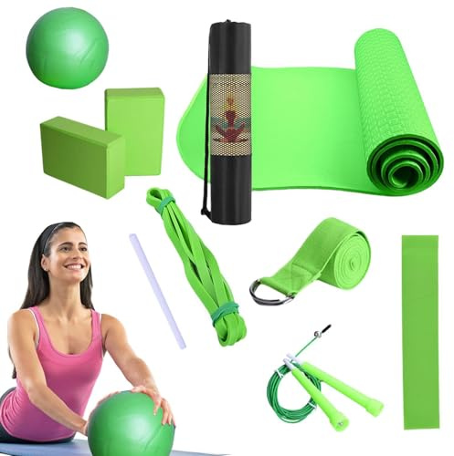 Kit da yoga, set da yoga per principianti, tappetino per esercizi con pallina, attrezzatura fitness per donne e uomini, include fascia di resistenza in lattice, fascia elastica