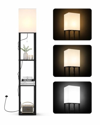 Amveya Lampara de Pie Salon 160cm, Lámpara de Pie con Estantes, 3 Temperaturas de Color 3000K-6500K, Lampara LED con Bombilla E27, Lampara Salon Decoracion para Salón Dormitorio Estudio Oficina, Negro