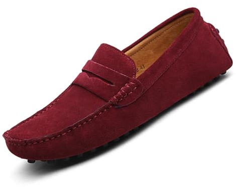 PPXID Men's Penny Loafers Slip-On Suede Moccasins Deck Boat Shoes Wine Red 10 UK