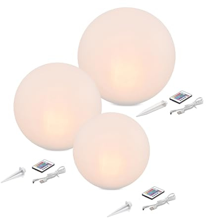 Esotec Solarkugeln Siena, 3er Set, multicolor, 20+30+40cm, Fernbedienung, USB, 16 Leuchtfarben, Akku, Solarmodul, Erdspieß, Solarleuchte, Kugelleuchte, außen, winterfest, wetterfest, 102895