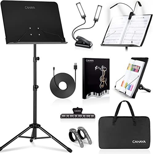 CAHAYA 6 IN 1 Sheet Music Stand with Stand Light Desktop Book Stand with Carrying Bag, Sheet Music Folder & Clip Metal Portable Solid Back for Guitar, Ukulele, Violin Players