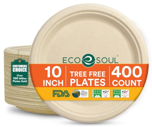 ECO SOUL Paper Plates (25Cm) 10 [400-Pack] Heavy Duty Compostable Sugarcane Bagasse Dinner Plates | Eco Friendly Biodegradable Disposable Plate for Dinner, Parties & Events