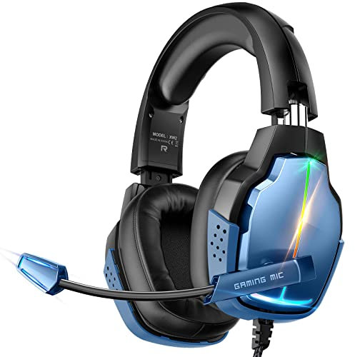 Tatybo Auriculares Gaming para Ps4 Ps5 PC Xboxone Switch, Cascos Gaming Estéreo con 90° Almohadillas Giratorias, Micrófono con Cancelación de Ruido, 4 Modos RGB Luz (Azul)