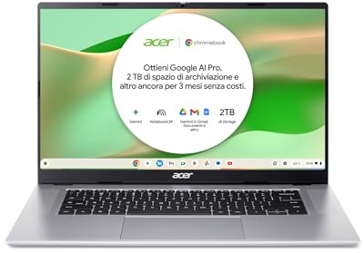 Acer Chromebook 315 | 15.6 FHD | MediaTek Kompanio 540 | 8 GB RAM DDR5 | 128 GB eMMC | Tastiera italiana QWERTY | ChromeOS | Mouse Wireless Incluso | Alimentatore Incluso