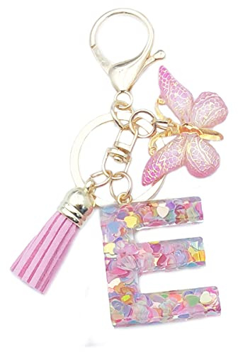 Xsclpomddy A-Z Initials Letter Keychain Pink with Tassel Butterfly Pendant for Wallet Backpack Handbags Women Girls,Letter E