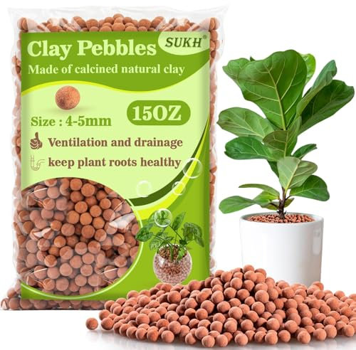 Sukh Guijarros de arcilla para plantas, 15 onzas para plantas de interior, arcilla natural, utilizados para decoración de drenaje, acuaponía, hidroponía y otros elementos esenciales Hydroton Pebbles